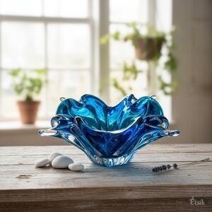 Chalet Canada Art Glass Blue bowl / ashtray blue Thick Heavy Sommerso MCM